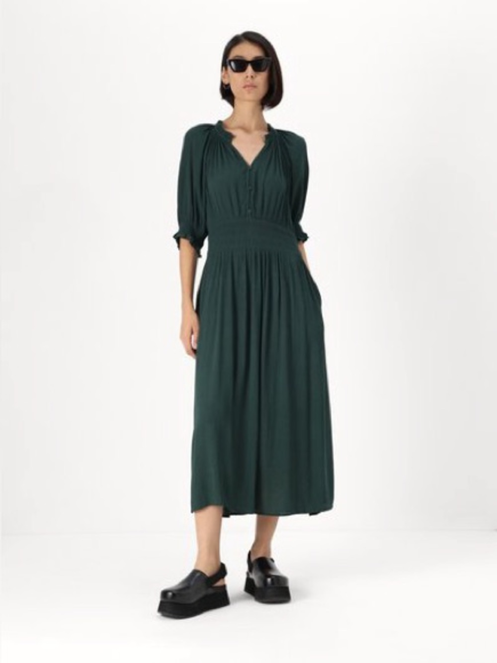 GAP Womens S Green Crinkle Gauze Midi Dress Smocked Waist Boho Cottagecore